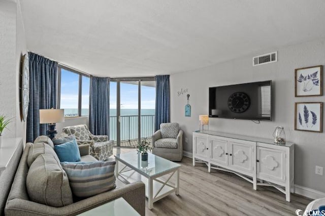 living room featuring a water view and light hardwood / wood-style flooring