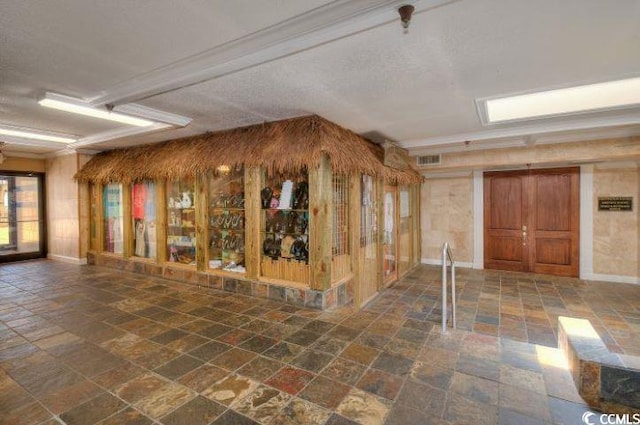 interior space with dark tile flooring