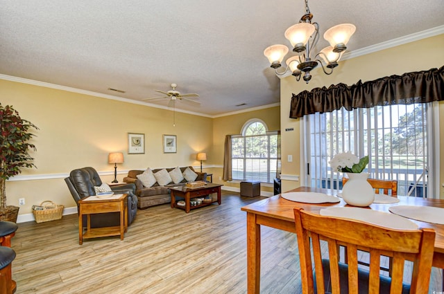 living room featuring light hardwood / wood-style floors, crown molding, and a textured ceiling