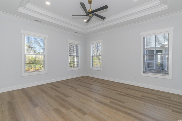 unfurnished room featuring ornamental molding, a raised ceiling, and a healthy amount of sunlight