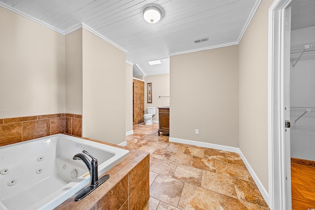 bathroom with crown molding, tile flooring, and wooden ceiling