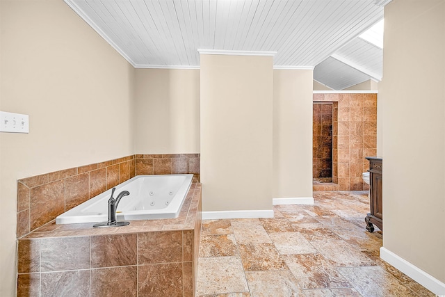 bathroom featuring wood ceiling, crown molding, a relaxing tiled bath, and tile floors