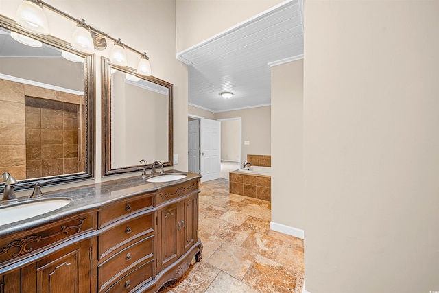 bathroom with large vanity, tiled tub, double sink, crown molding, and tile floors