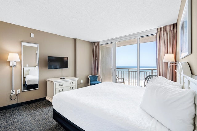 carpeted bedroom with a water view, access to exterior, and a textured ceiling