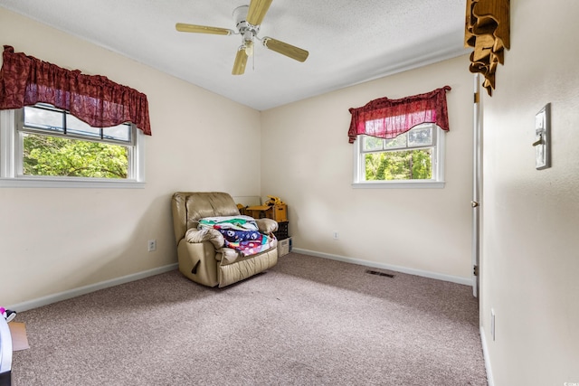 living area with a textured ceiling, carpet floors, and ceiling fan