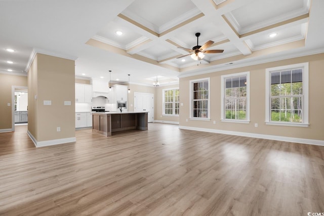 unfurnished living room with beamed ceiling, crown molding, light hardwood / wood-style flooring, coffered ceiling, and ceiling fan