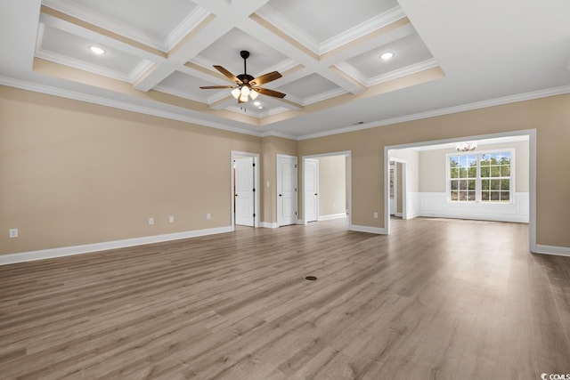 unfurnished room featuring wood-type flooring, ceiling fan with notable chandelier, coffered ceiling, and beamed ceiling