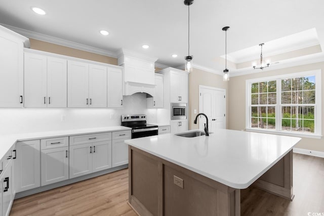 kitchen featuring light wood-type flooring, appliances with stainless steel finishes, sink, a raised ceiling, and an island with sink