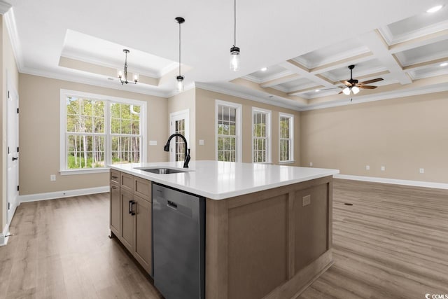 kitchen featuring coffered ceiling, a center island with sink, hardwood / wood-style flooring, and dishwasher