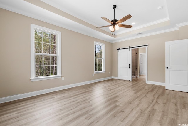 interior space featuring light hardwood / wood-style floors, multiple windows, a barn door, and a tray ceiling