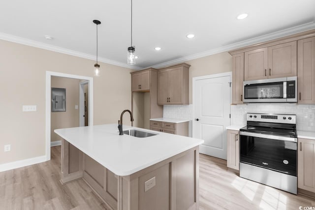 kitchen with sink, light hardwood / wood-style floors, tasteful backsplash, stainless steel appliances, and a center island with sink