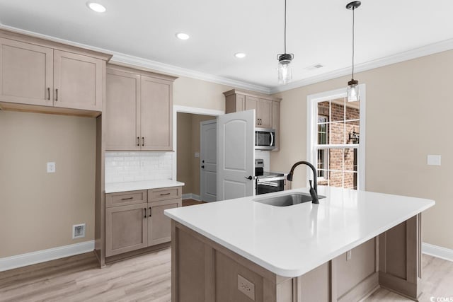 kitchen with appliances with stainless steel finishes, sink, tasteful backsplash, light wood-type flooring, and a center island with sink