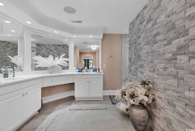 bathroom with walk in shower, vanity, tile patterned floors, and ornamental molding