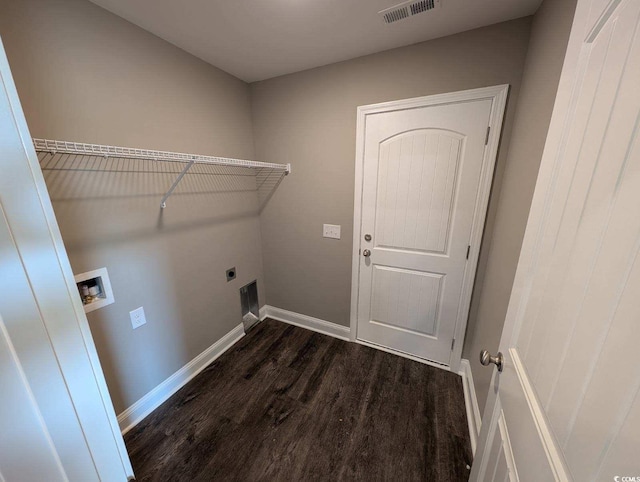 clothes washing area with visible vents, dark wood finished floors, hookup for an electric dryer, hookup for a washing machine, and laundry area