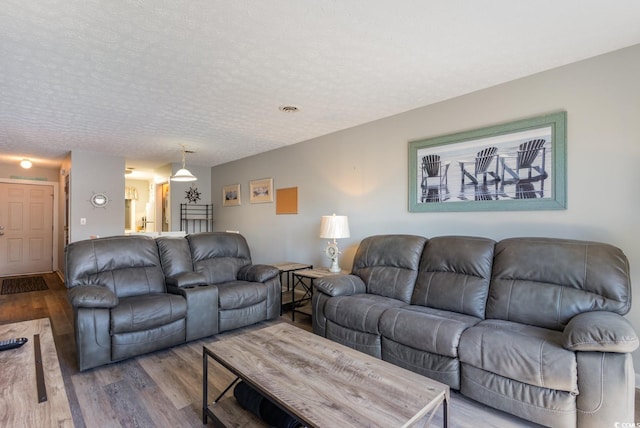 living room with hardwood / wood-style floors and a textured ceiling