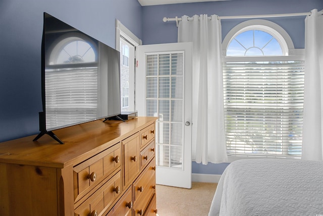 bedroom with light carpet