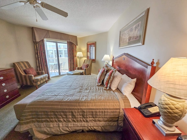 carpeted bedroom featuring access to outside, ceiling fan, and a textured ceiling