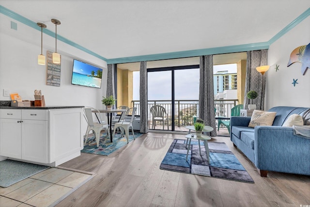 living room with a wall of windows, light hardwood / wood-style floors, and crown molding