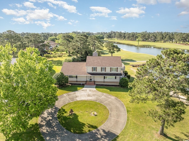 bird's eye view with a water view