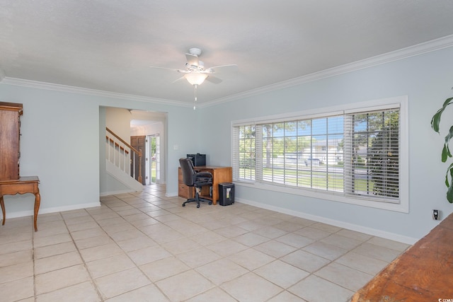 home office featuring ceiling fan, crown molding, and light tile floors