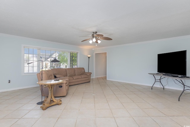 tiled living room with ornamental molding and ceiling fan