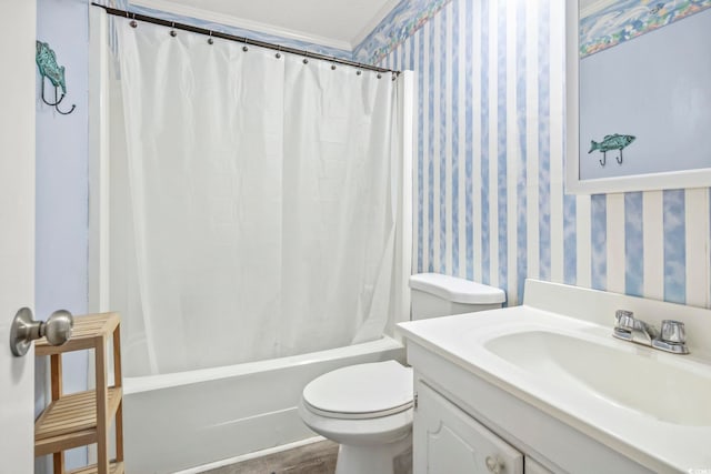 full bathroom with hardwood / wood-style floors, vanity, shower / bath combination with curtain, and toilet