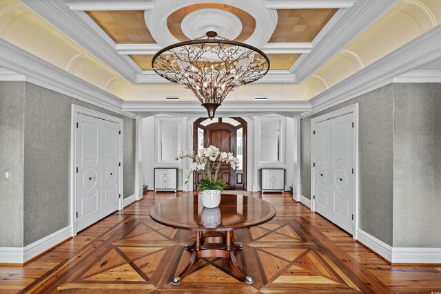 9400 Lake Dr, Myrtle Beach, SC 29572 - dining space with coffered ceiling, baseboards, a chandelier, and crown molding