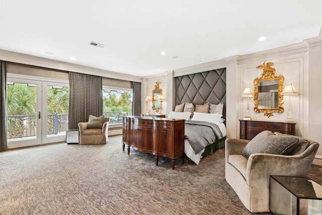 9400 Lake Dr, Myrtle Beach, SC 29572 - bedroom with visible vents, carpet, access to outside, recessed lighting, and french doors