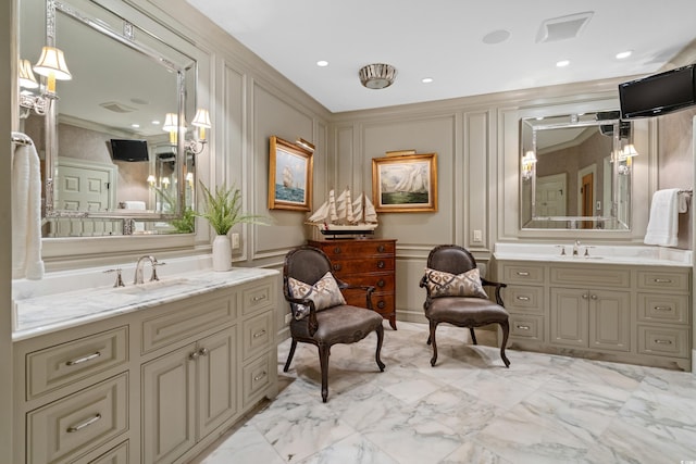 9400 Lake Dr, Myrtle Beach, SC 29572 - bathroom with marble finish floor, a sink, ornamental molding, and a decorative wall