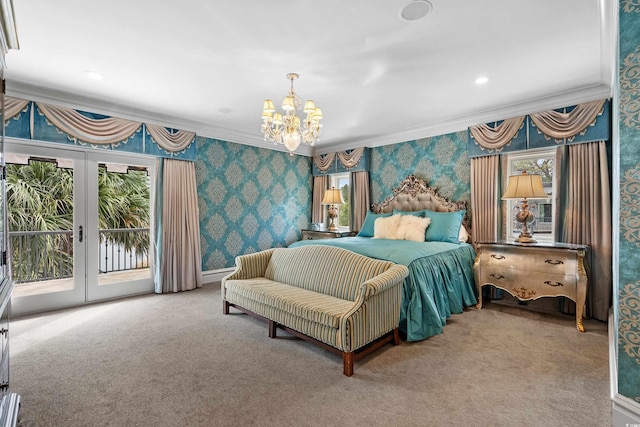 9400 Lake Dr, Myrtle Beach, SC 29572 - bedroom with access to outside, a notable chandelier, wallpapered walls, and carpet