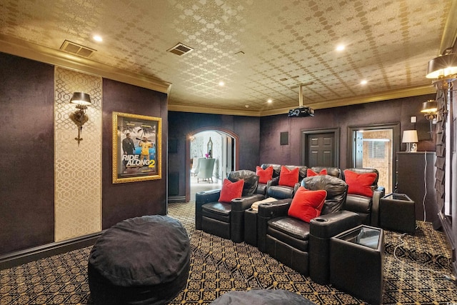 9400 Lake Dr, Myrtle Beach, SC 29572 - carpeted home theater room with crown molding, baseboards, and visible vents