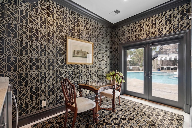 9400 Lake Dr, Myrtle Beach, SC 29572 - dining space with french doors, wallpapered walls, crown molding, and visible vents