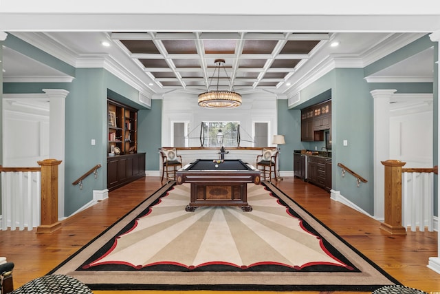 9400 Lake Dr, Myrtle Beach, SC 29572 - recreation room with baseboards, ornamental molding, light wood-style floors, pool table, and coffered ceiling