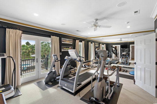 9400 Lake Dr, Myrtle Beach, SC 29572 - exercise room with carpet flooring, recessed lighting, french doors, and a ceiling fan