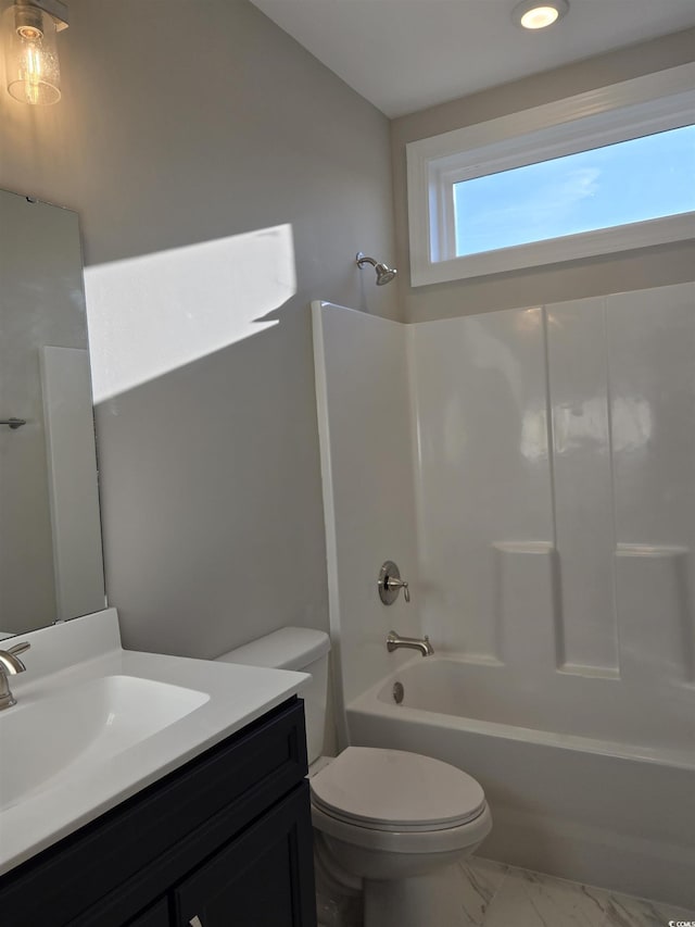 full bathroom with toilet, tub / shower combination, and vanity