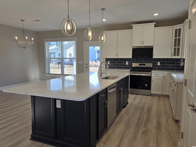 kitchen with appliances with stainless steel finishes, white cabinets, a kitchen island with sink, and sink