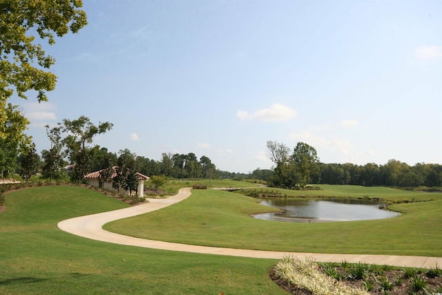 view of home's community featuring a water view and a lawn