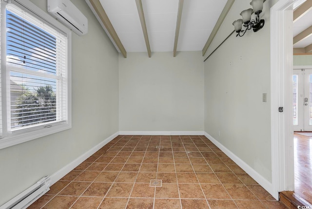 empty room featuring a wall unit AC, a baseboard heating unit, beamed ceiling, and hardwood / wood-style flooring