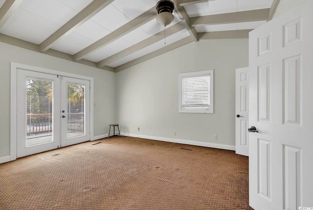 carpeted empty room featuring french doors, ceiling fan, and vaulted ceiling with beams