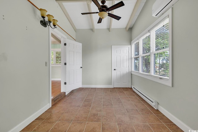 empty room with a baseboard heating unit, ceiling fan, vaulted ceiling with beams, an AC wall unit, and light tile floors