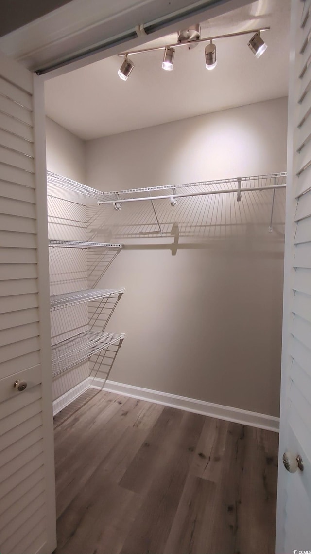 walk in closet with wood finished floors