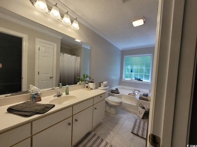 full bath with ornamental molding, a garden tub, vanity, and a textured ceiling