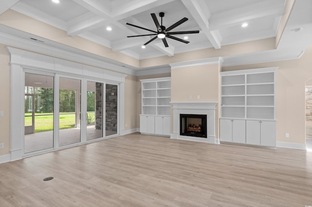 unfurnished living room with crown molding, ceiling fan, coffered ceiling, light hardwood / wood-style floors, and beamed ceiling