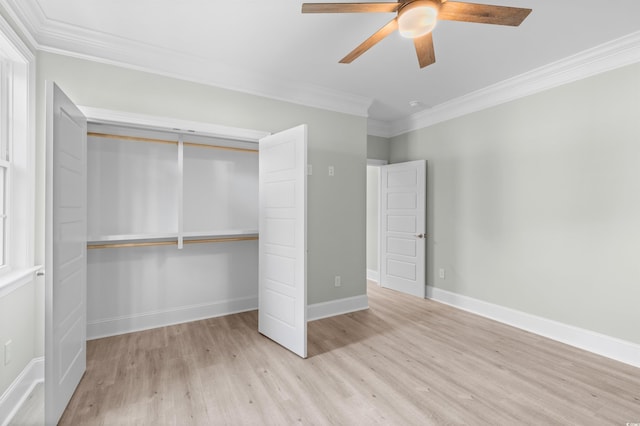 unfurnished bedroom with a closet, ceiling fan, ornamental molding, and light hardwood / wood-style floors