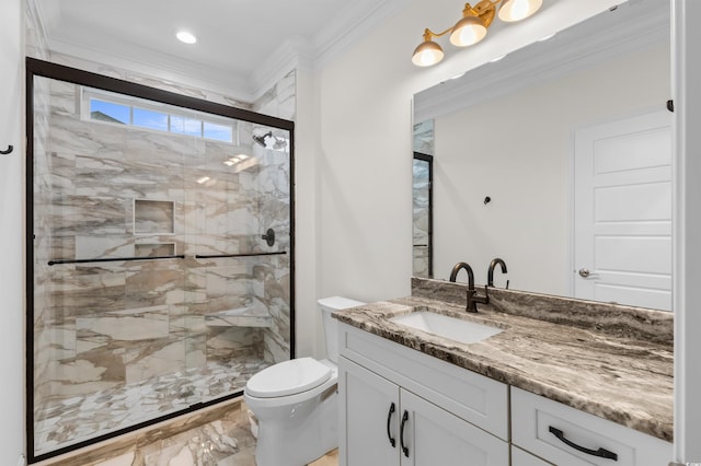 bathroom with crown molding, toilet, walk in shower, and vanity