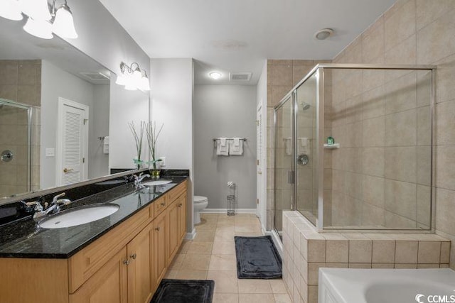 full bathroom featuring dual bowl vanity, toilet, tile flooring, and independent shower and bath