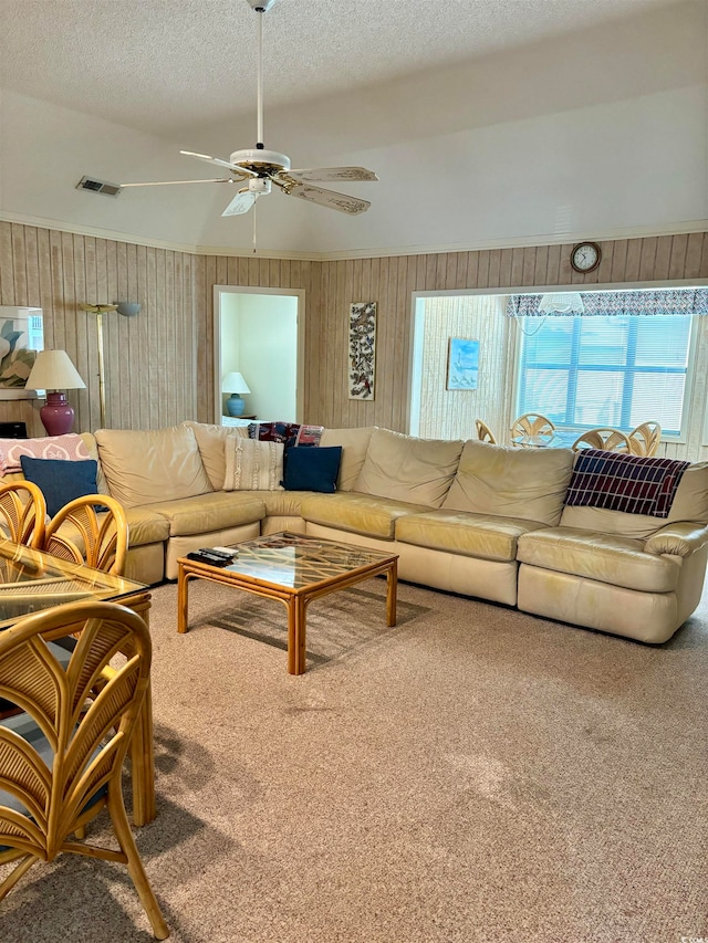 living room with ceiling fan, carpet, and a textured ceiling