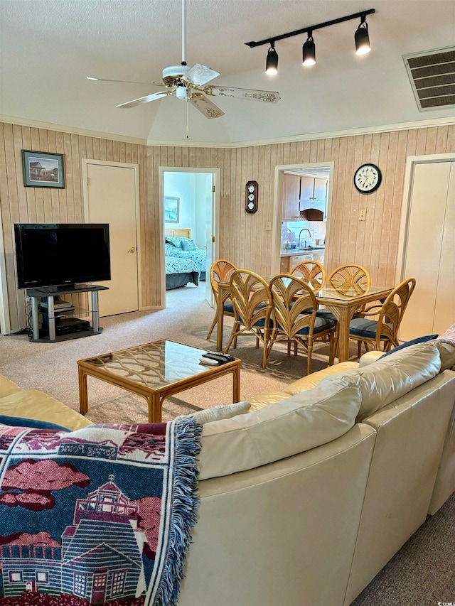 carpeted living room featuring wooden walls, rail lighting, ceiling fan, and sink