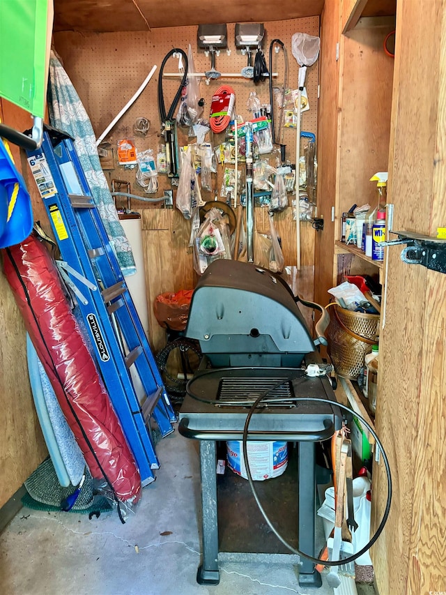 storage area featuring water heater