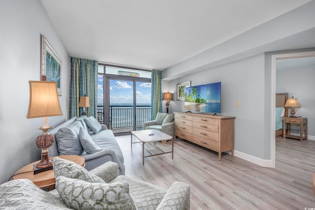 living room with light hardwood / wood-style flooring and a wall of windows